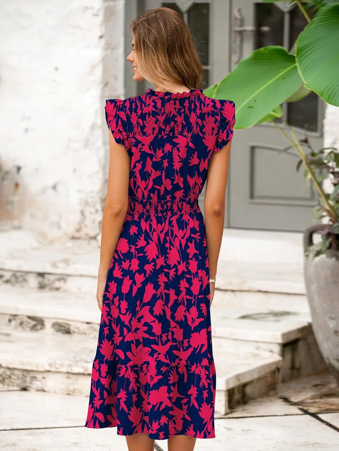 Simplee Womens Summer Floral Midi Dress V Neck Ruffle Short Sleeve Flowy Dress Drawstring Boho Casual Beach Long Dresses