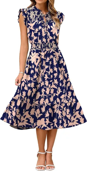 Simplee Womens Summer Floral Midi Dress V Neck Ruffle Short Sleeve Flowy Dress Drawstring Boho Casual Beach Long Dresses