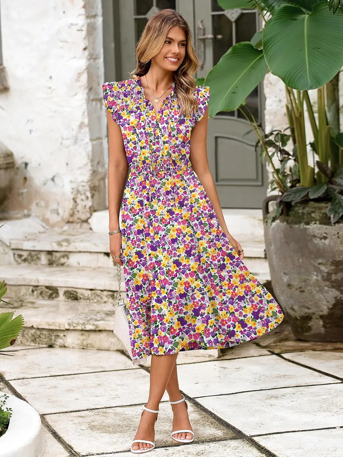 Simplee Womens Summer Floral Midi Dress V Neck Ruffle Short Sleeve Flowy Dress Drawstring Boho Casual Beach Long Dresses
