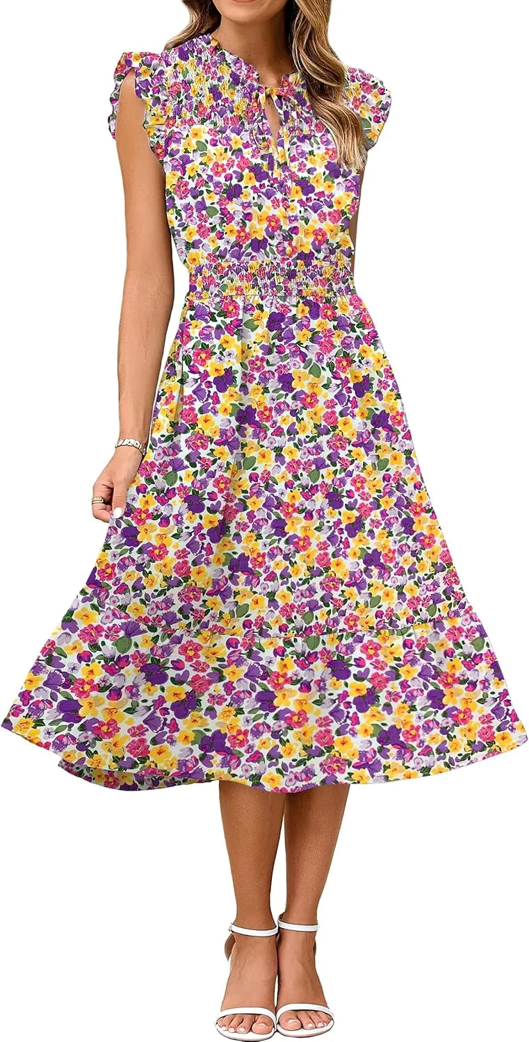 Simplee Womens Summer Floral Midi Dress V Neck Ruffle Short Sleeve Flowy Dress Drawstring Boho Casual Beach Long Dresses