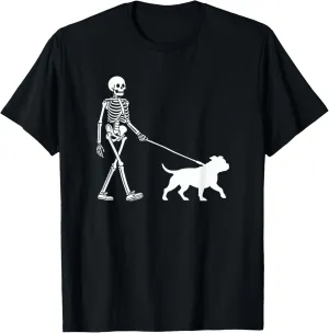 Skeleton Walking a Dog Stafford Staffy Halloween Outfit T-Shirt