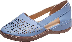 Slip On Loafers for Women Comfortable Leather Hollow Out Ballet Flats Vintage Round Toe Low Heels Orthopedic Sandals