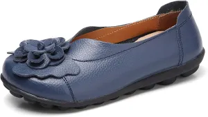 Slip on Loafers for Women Leather Flowers Loafers Comfortable Walking Work Flats Shoes Lightweight Soft Sole Flat Shoes Round Toe Summer Shoe