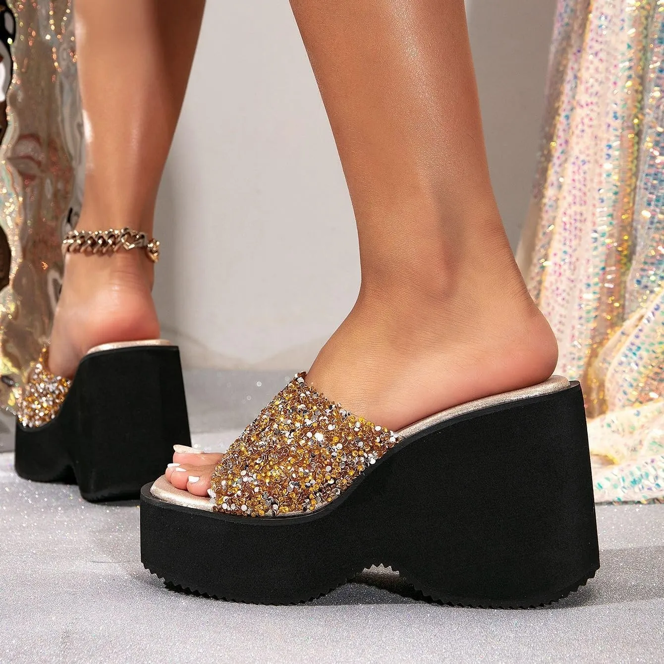 Slip on Wedges for Women Platform Chunky Sandals With Rhinestones Slides Sandals Open Toe Beach High Heel Slippers