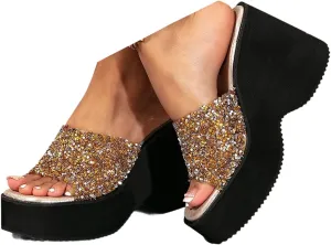 Slip on Wedges for Women Platform Chunky Sandals With Rhinestones Slides Sandals Open Toe Beach High Heel Slippers