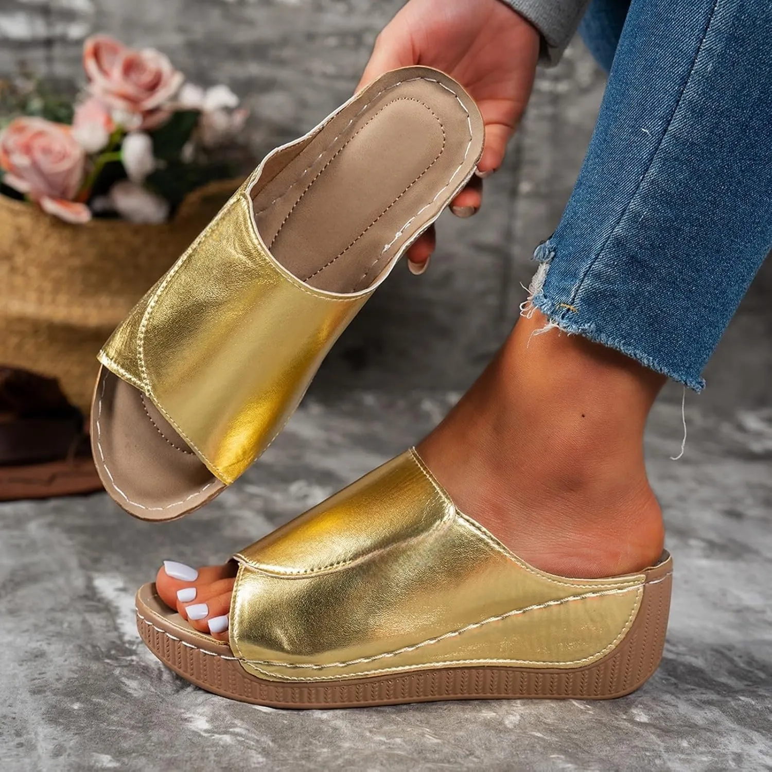 Slippers for Women Comfortable Summer Platform Wedge Slipper Casual Slip On Orthopedic Shoes with Arch Support Breathable Open Toe Sandals Dressy Walking Shoe for Beach