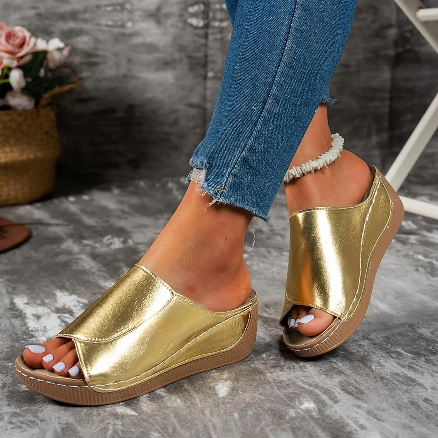 Slippers for Women Comfortable Summer Platform Wedge Slipper Casual Slip On Orthopedic Shoes with Arch Support Breathable Open Toe Sandals Dressy Walking Shoe for Beach