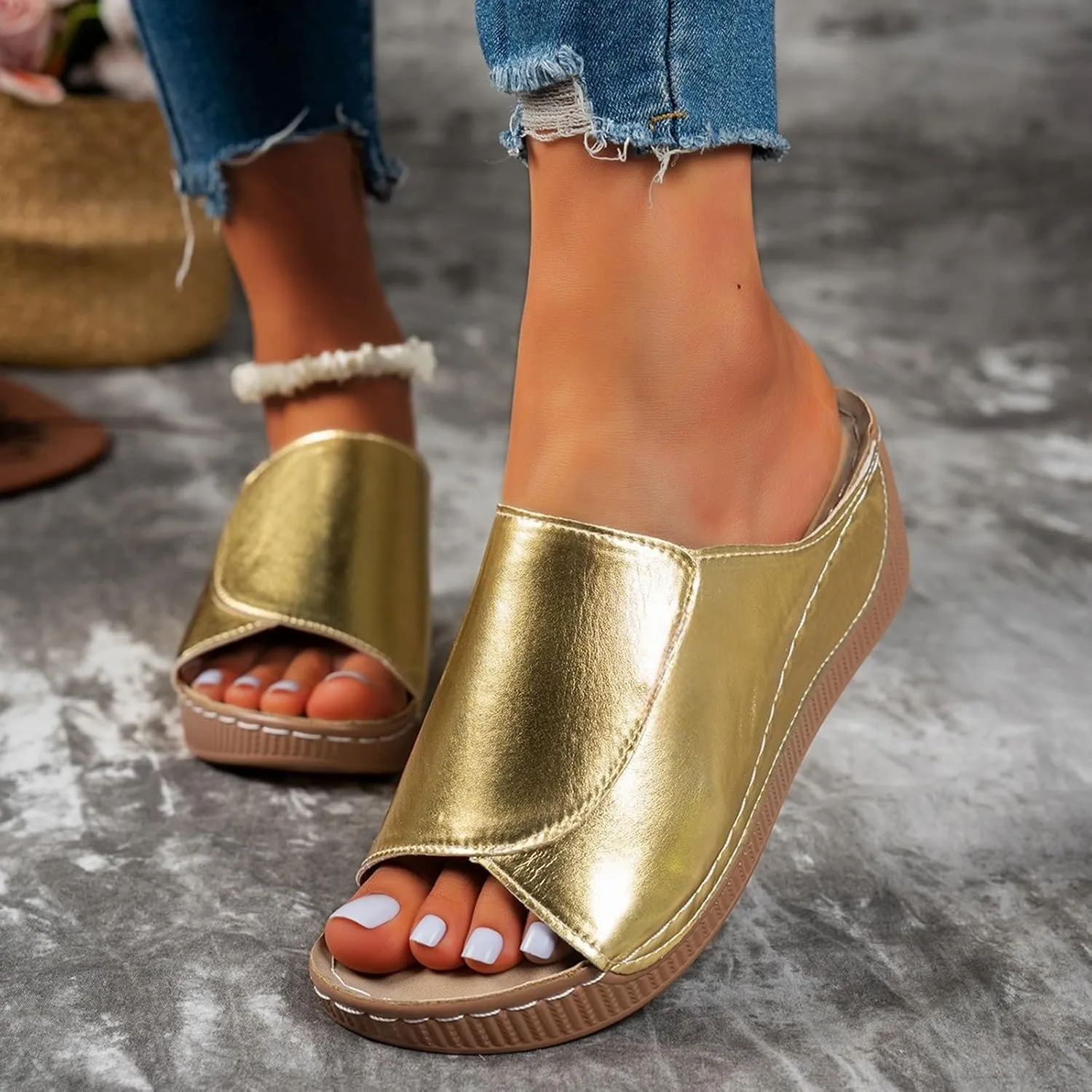 Slippers for Women Comfortable Summer Platform Wedge Slipper Casual Slip On Orthopedic Shoes with Arch Support Breathable Open Toe Sandals Dressy Walking Shoe for Beach