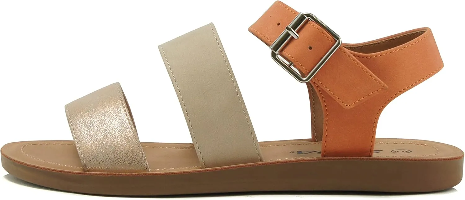 Soda COMING ~ Women Casual Open Toe Two Bands with Ankle Strap Fashion Slide Flat Sandal