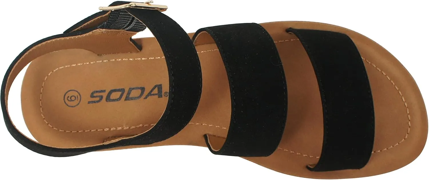 Soda COMING ~ Women Casual Open Toe Two Bands with Ankle Strap Fashion Slide Flat Sandal