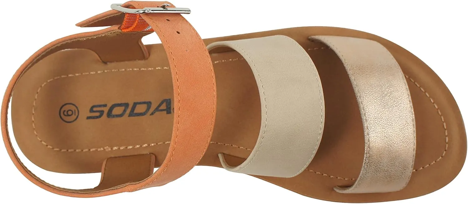 Soda COMING ~ Women Casual Open Toe Two Bands with Ankle Strap Fashion Slide Flat Sandal