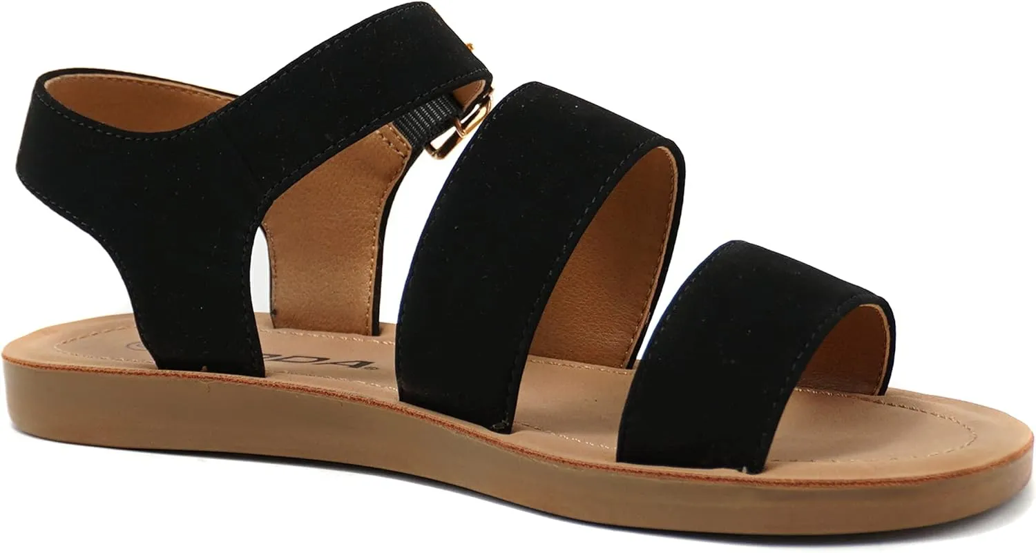 Soda COMING ~ Women Casual Open Toe Two Bands with Ankle Strap Fashion Slide Flat Sandal