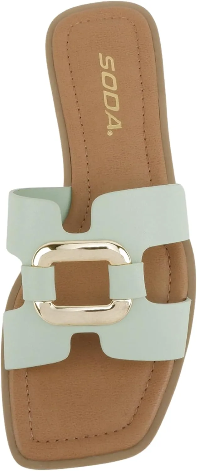 Soda “FENG” ~ Women Square Toe H-Band Slip-On Fashion Slide Sandal with Buckle Detail