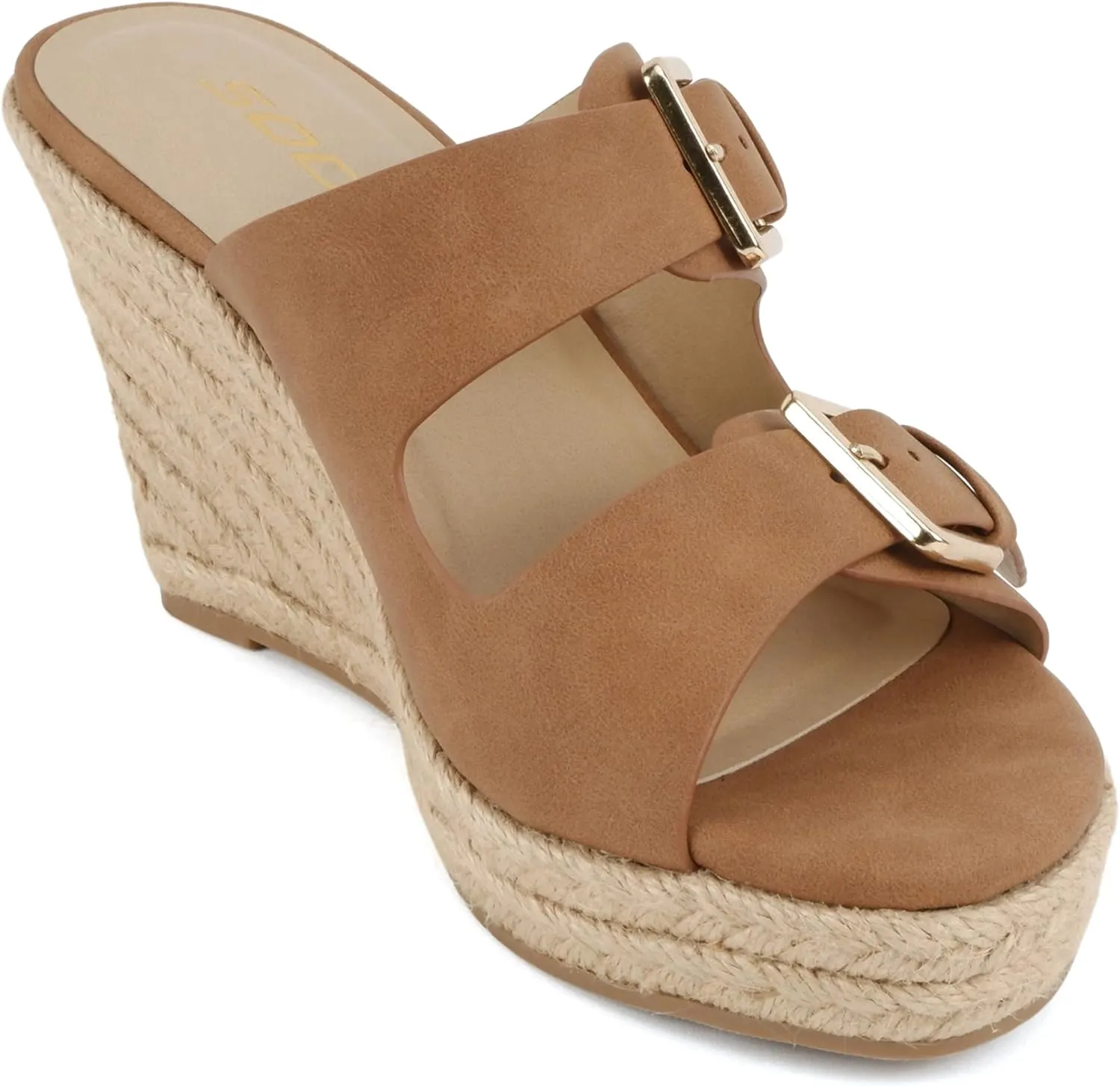 Soda “Nakia” ~ Women Open Round Toe Double Strap Wedge Sandal with Buckle Closures