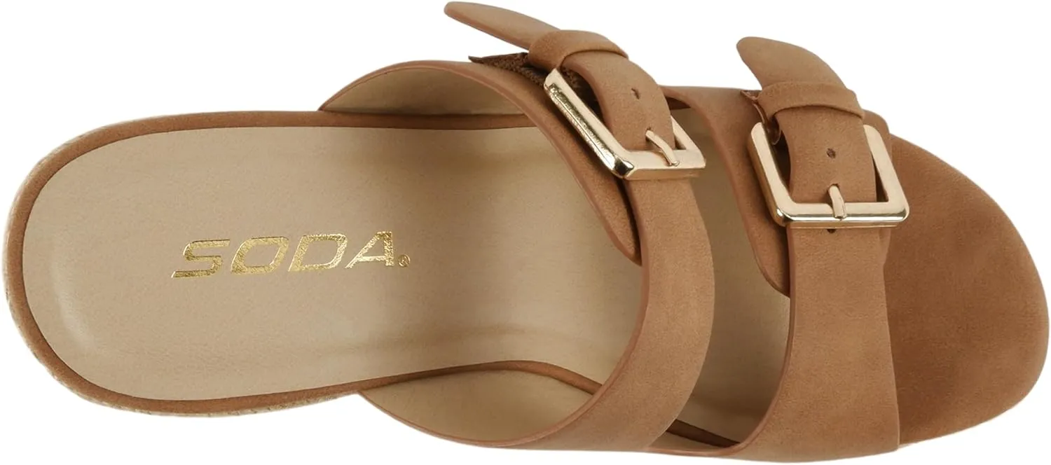 Soda “Nakia” ~ Women Open Round Toe Double Strap Wedge Sandal with Buckle Closures