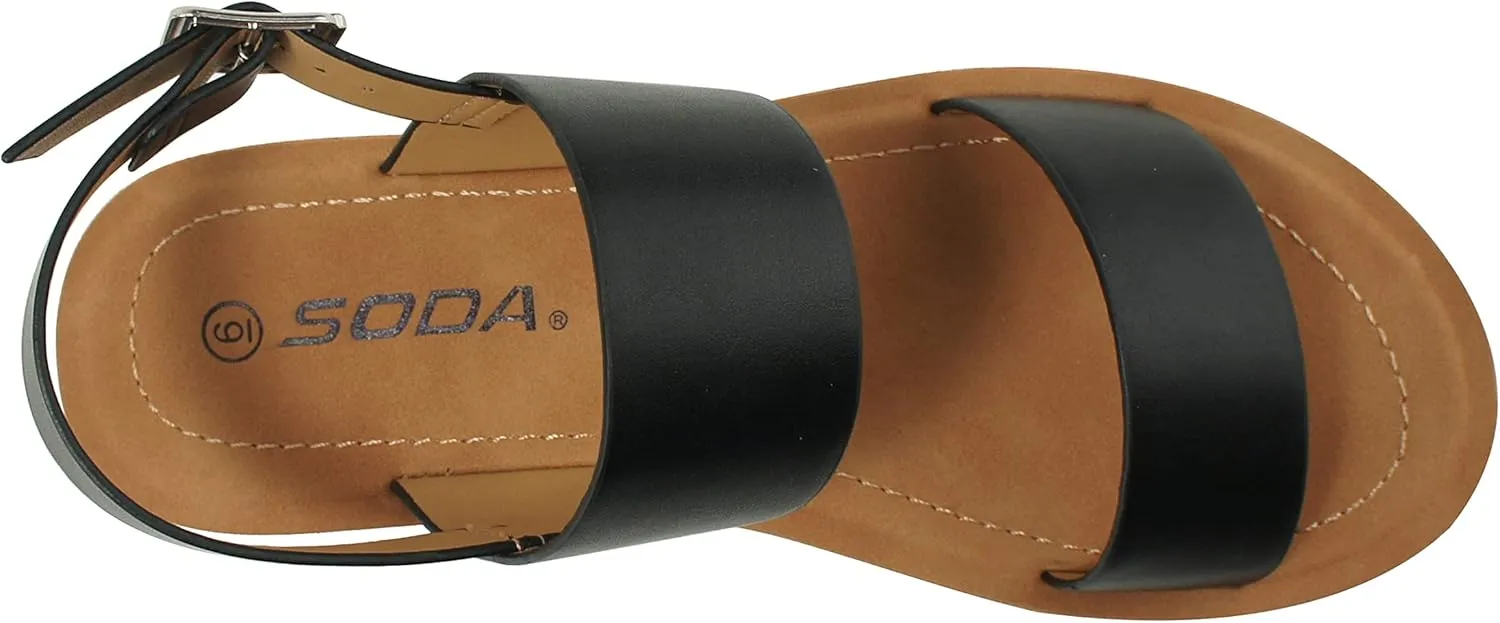 Soda REMUS ~ Women Casual Open Toe Two Bands with Ankle Strap Fashion Thick Bottom Slide Flat Sandal