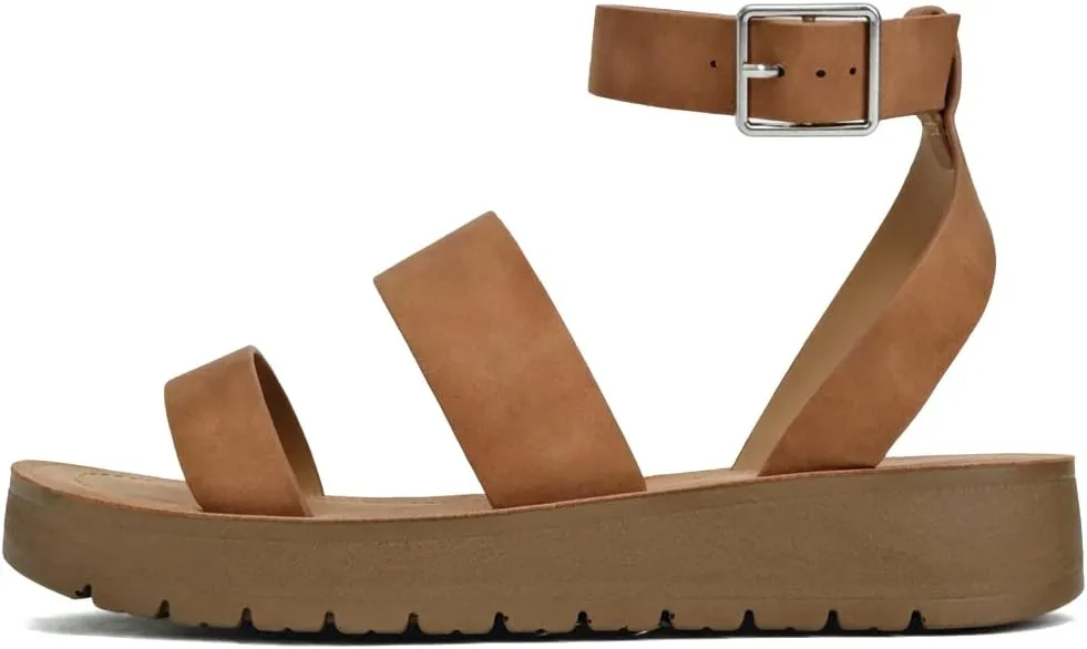 Soda Women Casual Open Toe Two Bands with Ankle Strap Fashion Slide Flat Sandal Dabster-S Tan 8