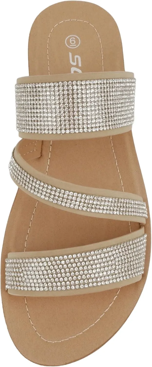 Soda Zeal ~ Women Open Toe Rhinestone Multi Band Slide Sandals