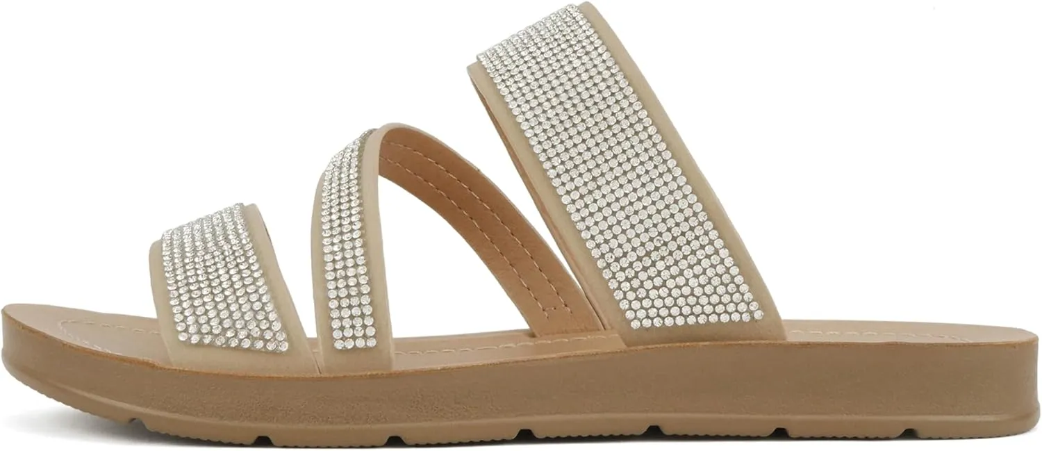 Soda Zeal ~ Women Open Toe Rhinestone Multi Band Slide Sandals