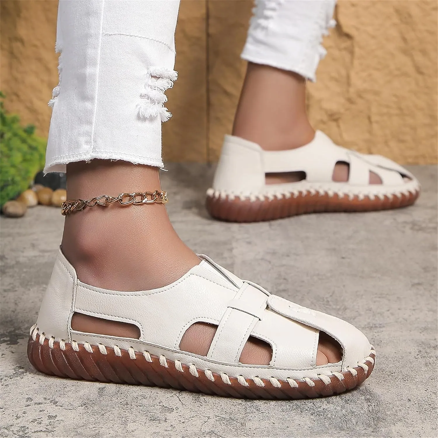 Soft Comfortable Sandals for Women Summer Casual Closed Toe Hollow Out Slip On Loafers Flat Fisherman Sandal Comfy Cute Breathable Orthopedic Beach Cowhide Loafers Comfort Driving Shoes