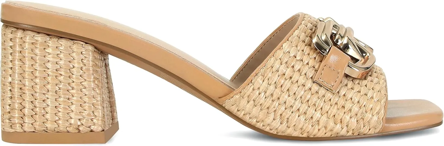 SOVANYOU Raffia Sandals Women Block Heel Sandals Square Open Toe Mule Heels Slip On Beach Heels Summer Shoes