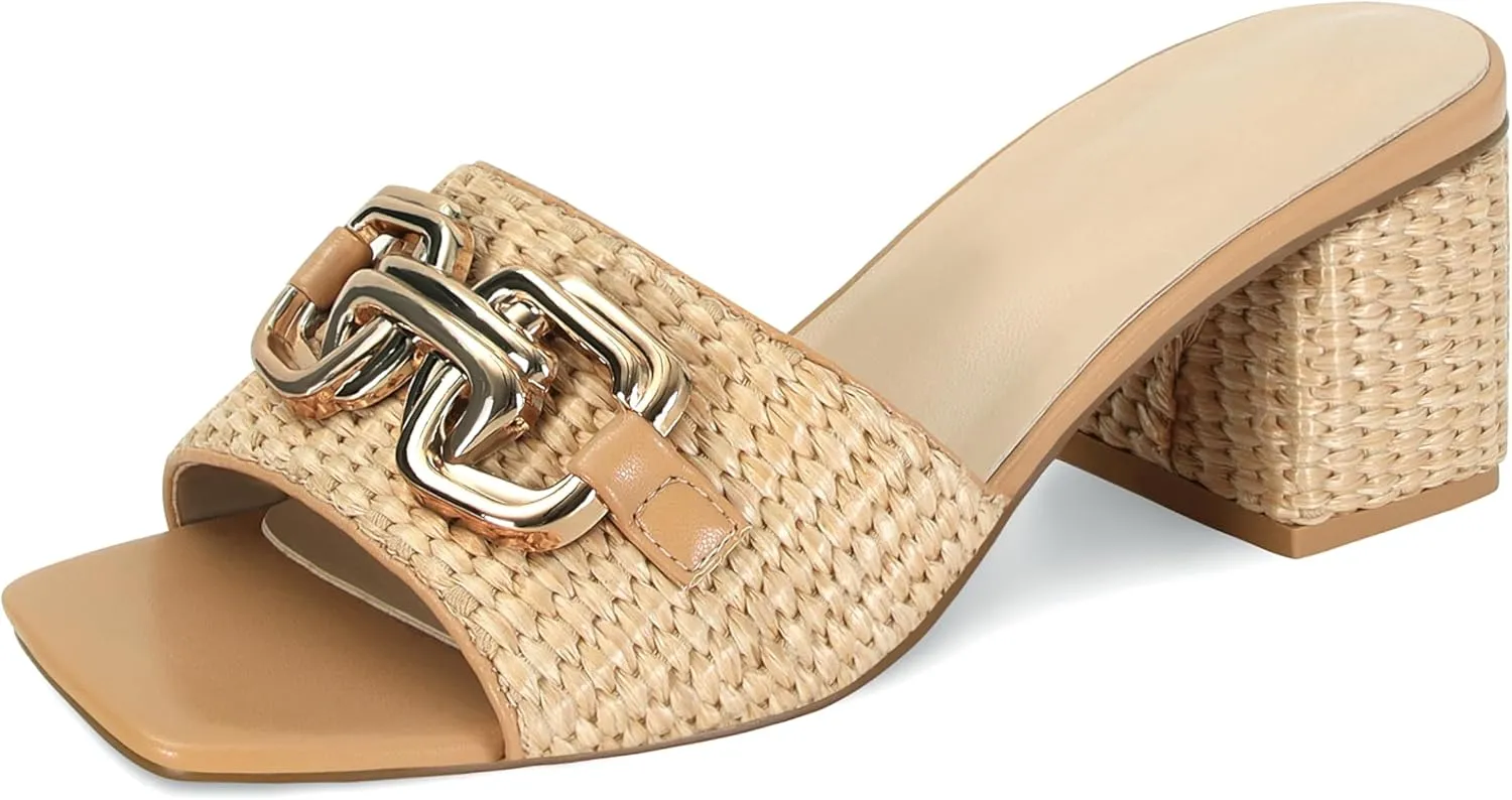 SOVANYOU Raffia Sandals Women Block Heel Sandals Square Open Toe Mule Heels Slip On Beach Heels Summer Shoes