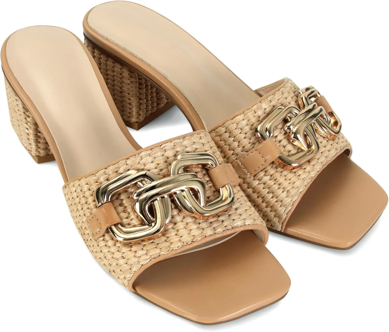 SOVANYOU Raffia Sandals Women Block Heel Sandals Square Open Toe Mule Heels Slip On Beach Heels Summer Shoes