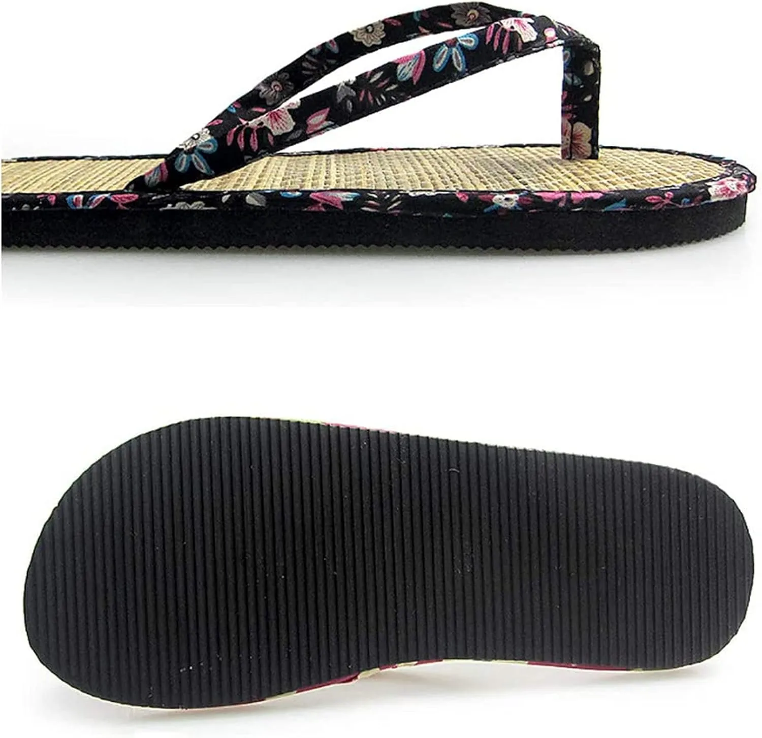 Straw Slippers, Flip Flop Bamboo Laminated Detail Straw Straw Women Comfortable Flip Flop Slippers Unisex-Adult Slippers, Beach Shoes Couple Sandals,Black (Black 41eu)