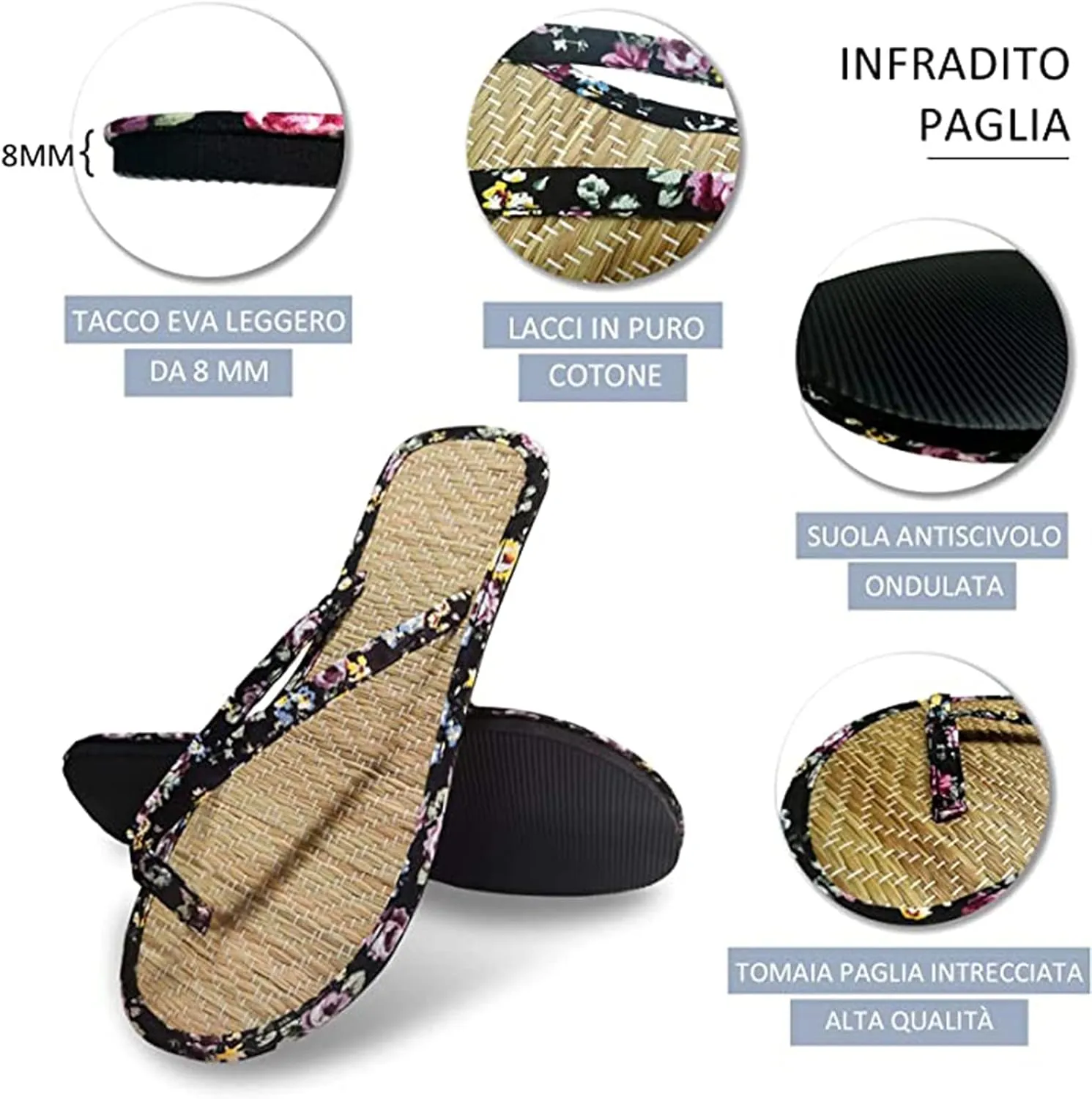 Straw Slippers, Flip Flop Bamboo Laminated Detail Straw Straw Women Comfortable Flip Flop Slippers Unisex-Adult Slippers, Beach Shoes Couple Sandals,Black (Black 41eu)
