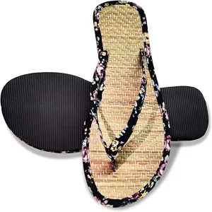 Straw Slippers, Flip Flop Bamboo Laminated Detail Straw Straw Women Comfortable Flip Flop Slippers Unisex-Adult Slippers, Beach Shoes Couple Sandals,Black (Black 41eu)