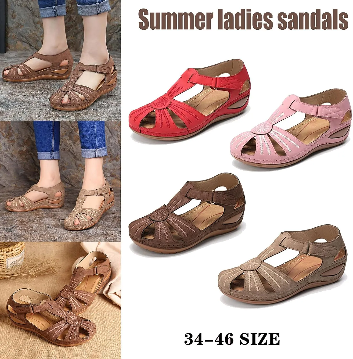Summer Hollow Sandals for Women Comfortable Wedge Flower Embroidery Round Toe Closed Toe Hook & Loop Buckle Sandals Casual Soft Sole Beach Shoes