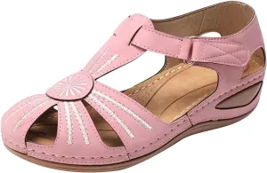 Summer Hollow Sandals for Women Comfortable Wedge Flower Embroidery Round Toe Closed Toe Hook & Loop Buckle Sandals Casual Soft Sole Beach Shoes