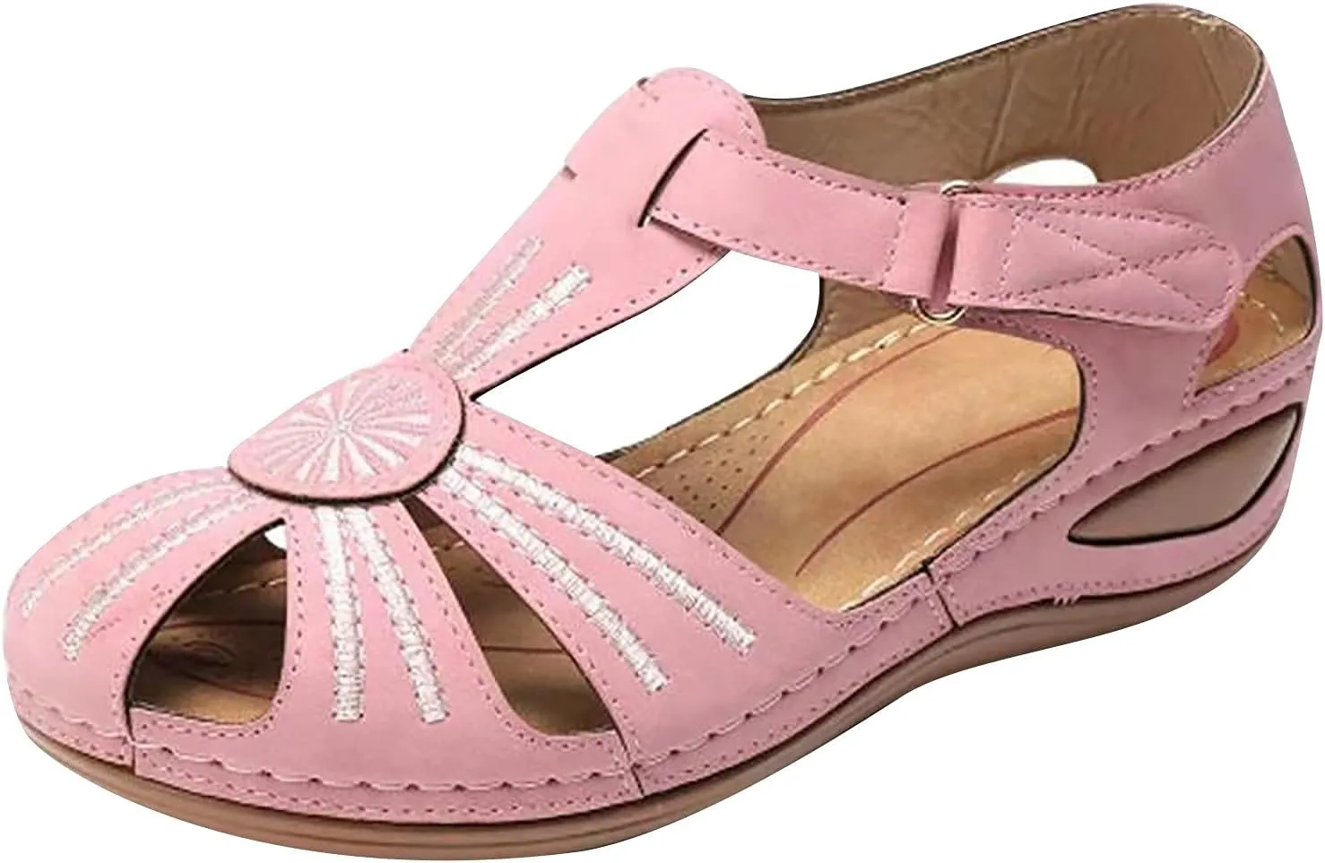Summer Hollow Sandals for Women Comfortable Wedge Flower Embroidery Round Toe Closed Toe Hook & Loop Buckle Sandals Casual Soft Sole Beach Shoes