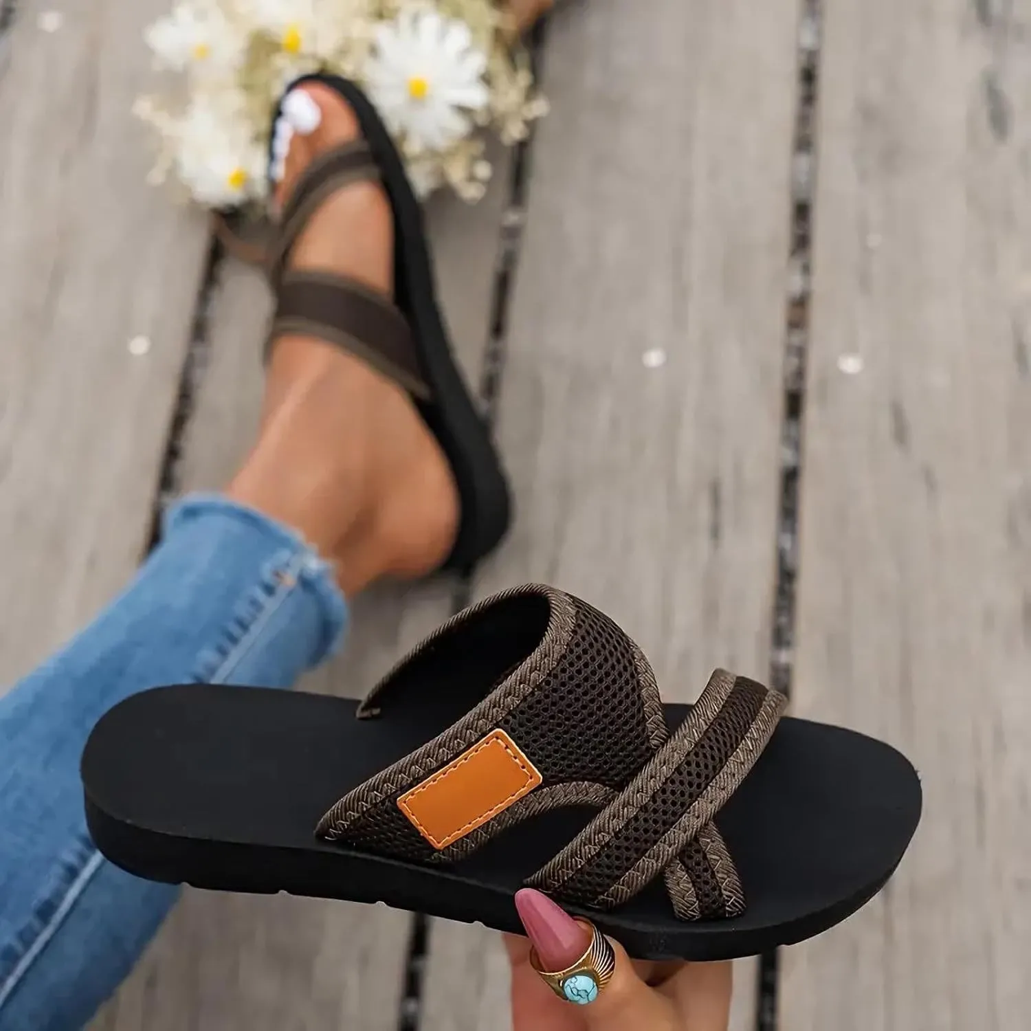 Summer Sandals for Women 2025 Fashion Comfortable Wide Spring Beach Shoes Hollow Mesh Flat Slide Sandals Flip Flops