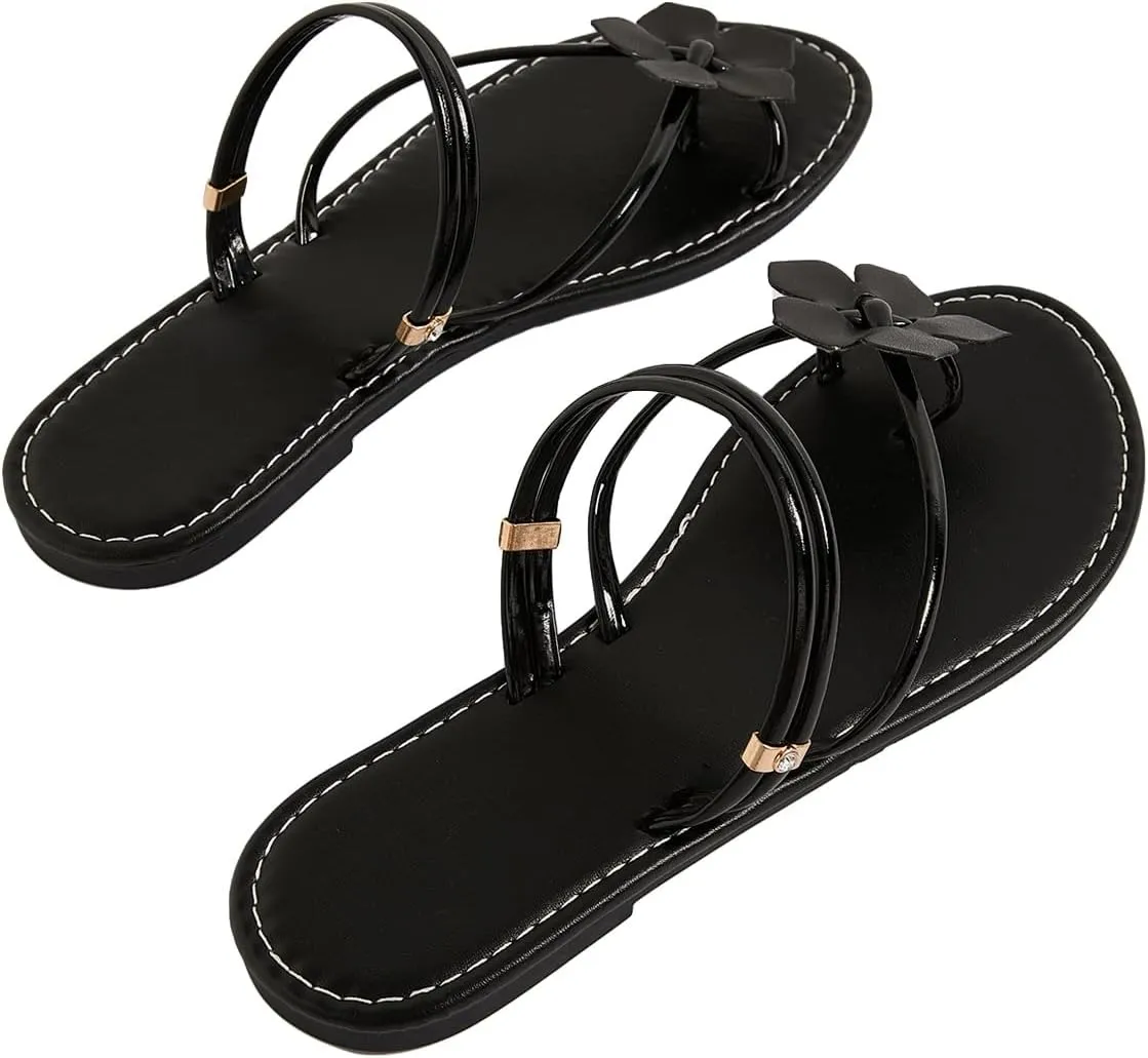 SweatyRocks Women's Toe Rings Flat Sandals 3D Floral Open Toe Summer Strappy Sandal