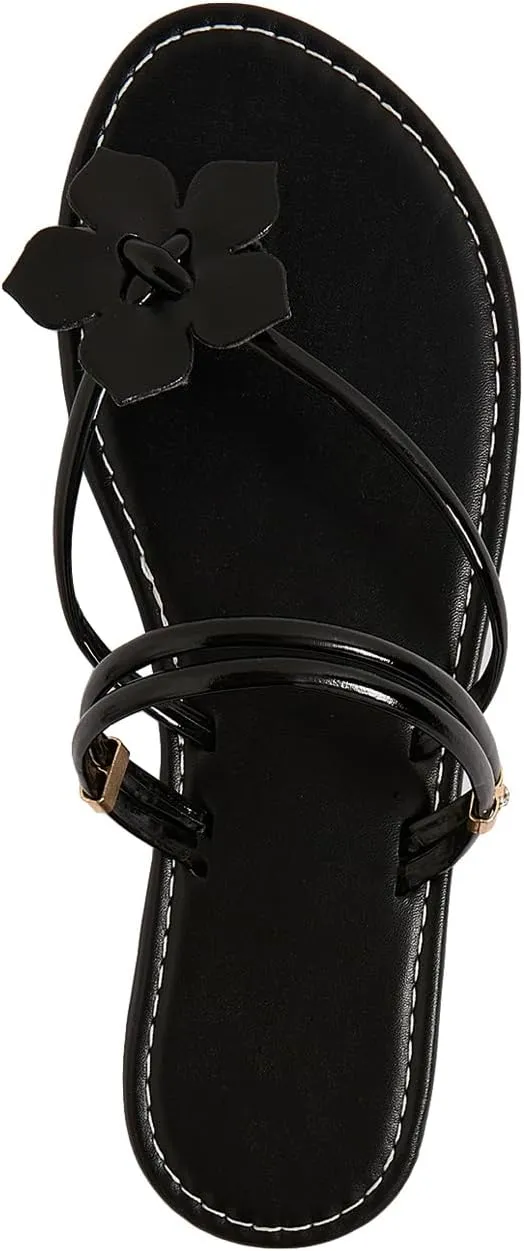 SweatyRocks Women's Toe Rings Flat Sandals 3D Floral Open Toe Summer Strappy Sandal