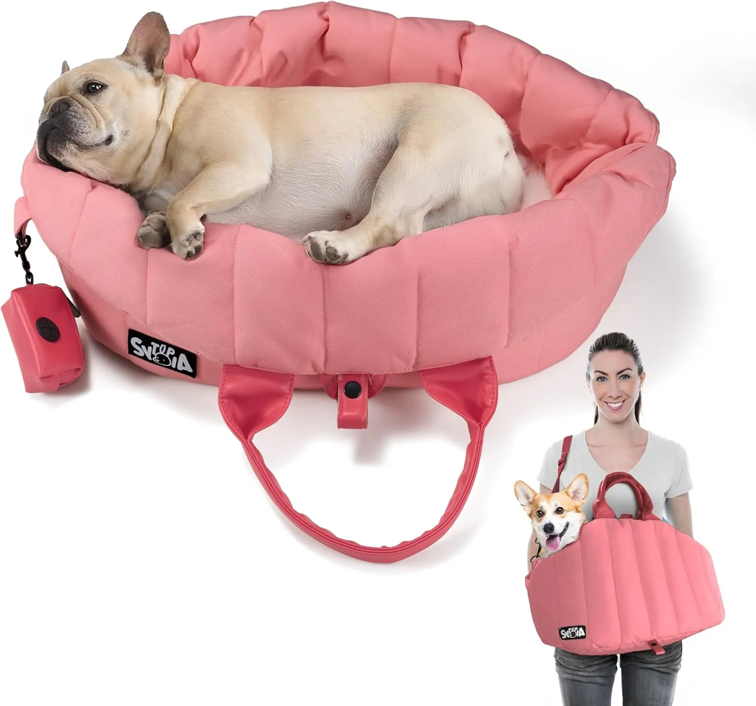 Sytopia Dog Bag Carrier for Small and Medium Dogs, Waterproof and Washable, Travel Pets Purse up to 25 Lbs, Car Seat & Bed, Adjustable Leashes, Pink