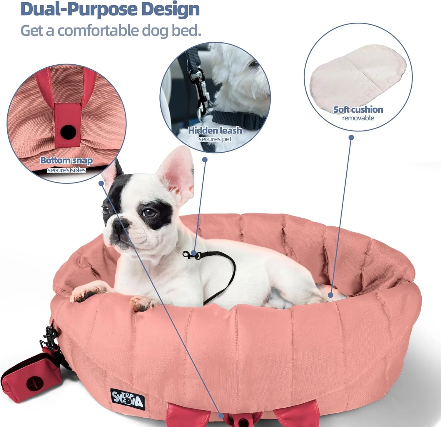 Sytopia Dog Bag Carrier for Small and Medium Dogs, Waterproof and Washable, Travel Pets Purse up to 25 Lbs, Car Seat & Bed, Adjustable Leashes, Pink