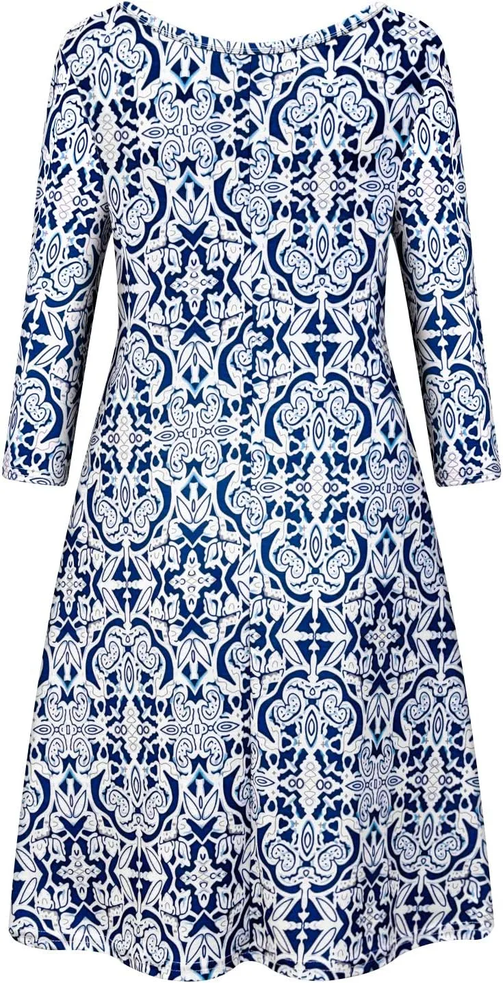 Tanst Sky Womens Casual Round Neck Plus Size Floral Tunic Shirt Dress with Pockets