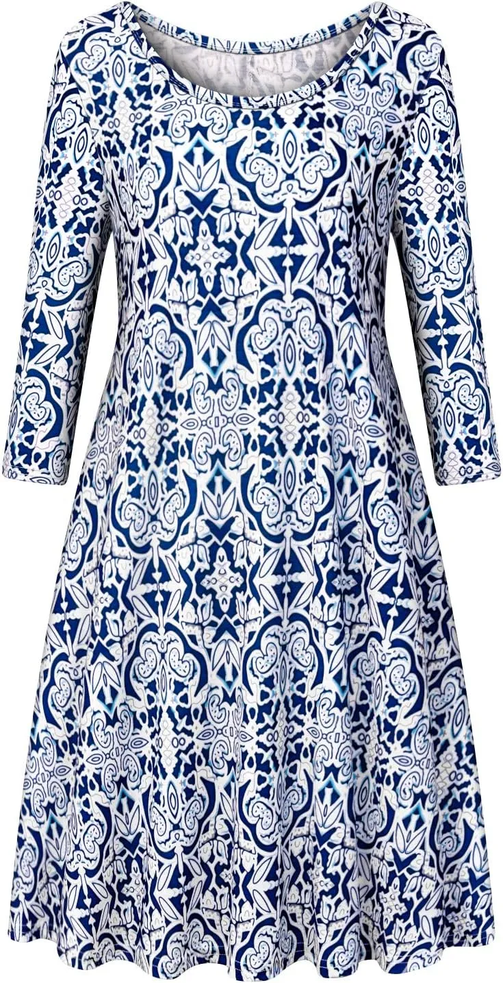 Tanst Sky Womens Casual Round Neck Plus Size Floral Tunic Shirt Dress with Pockets