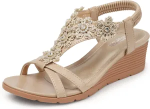 TEMOFON Women's Low Wedge Heels Summer Dressy Platform Sandals Elastic Ankle Strap Open Toe Flower Shoes