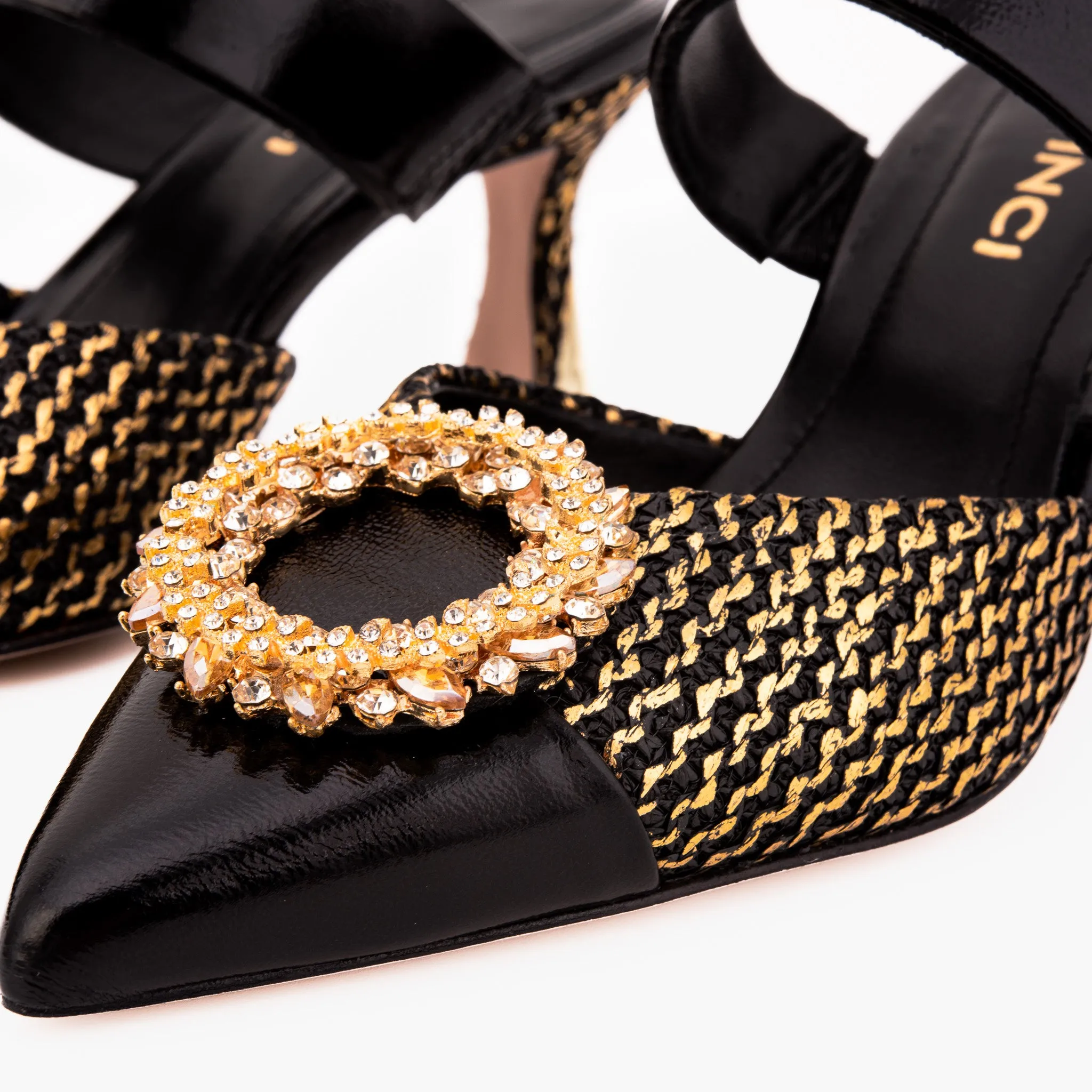 The Valencia Black & Gold Jewel Heel Women Mule Shoe