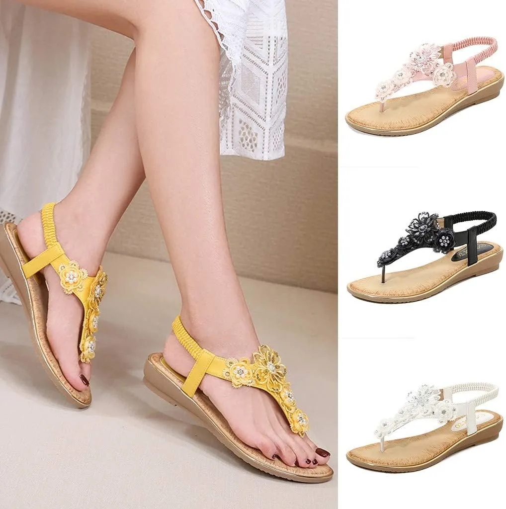 Thong Sandals for Women Beach,Bohemia Floral Flat Sandals T-Strap Summer Beach Glitter Beaded Elastic Flip-Flop Thong Shoes