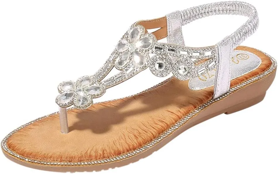 Thong Sandals for Women Beach,Bohemia Floral Flat Sandals T-Strap Summer Beach Glitter Beaded Elastic Flip-Flop Thong Shoes