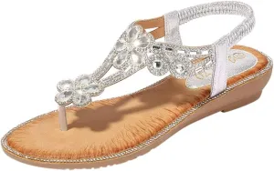 Thong Sandals for Women Beach,Bohemia Floral Flat Sandals T-Strap Summer Beach Glitter Beaded Elastic Flip-Flop Thong Shoes