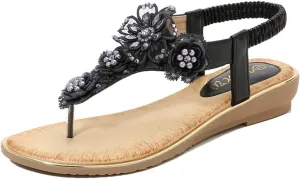 Thong Sandals for Women Beach,Bohemia Floral Flat Sandals T-Strap Summer Beach Glitter Beaded Elastic Flip-Flop Thong Shoes
