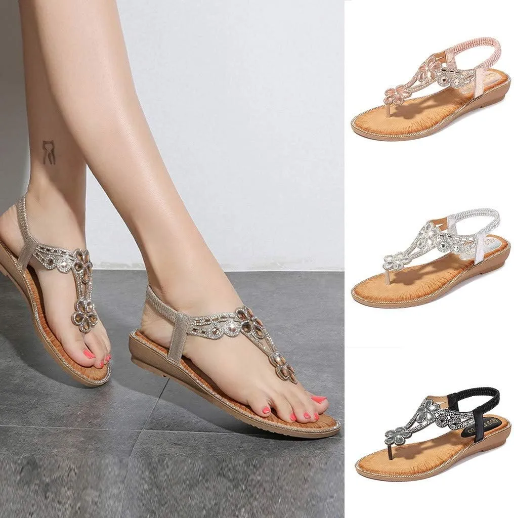 Thong Sandals for Women Beach,Bohemia Floral Flat Sandals T-Strap Summer Beach Glitter Beaded Elastic Flip-Flop Thong Shoes