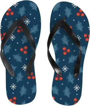 Thong Slippers Flip Flops for Women Holly Berry Leaves Snowflakes Casual Flat Slide Beach Slippers Sandals Shower Shoes