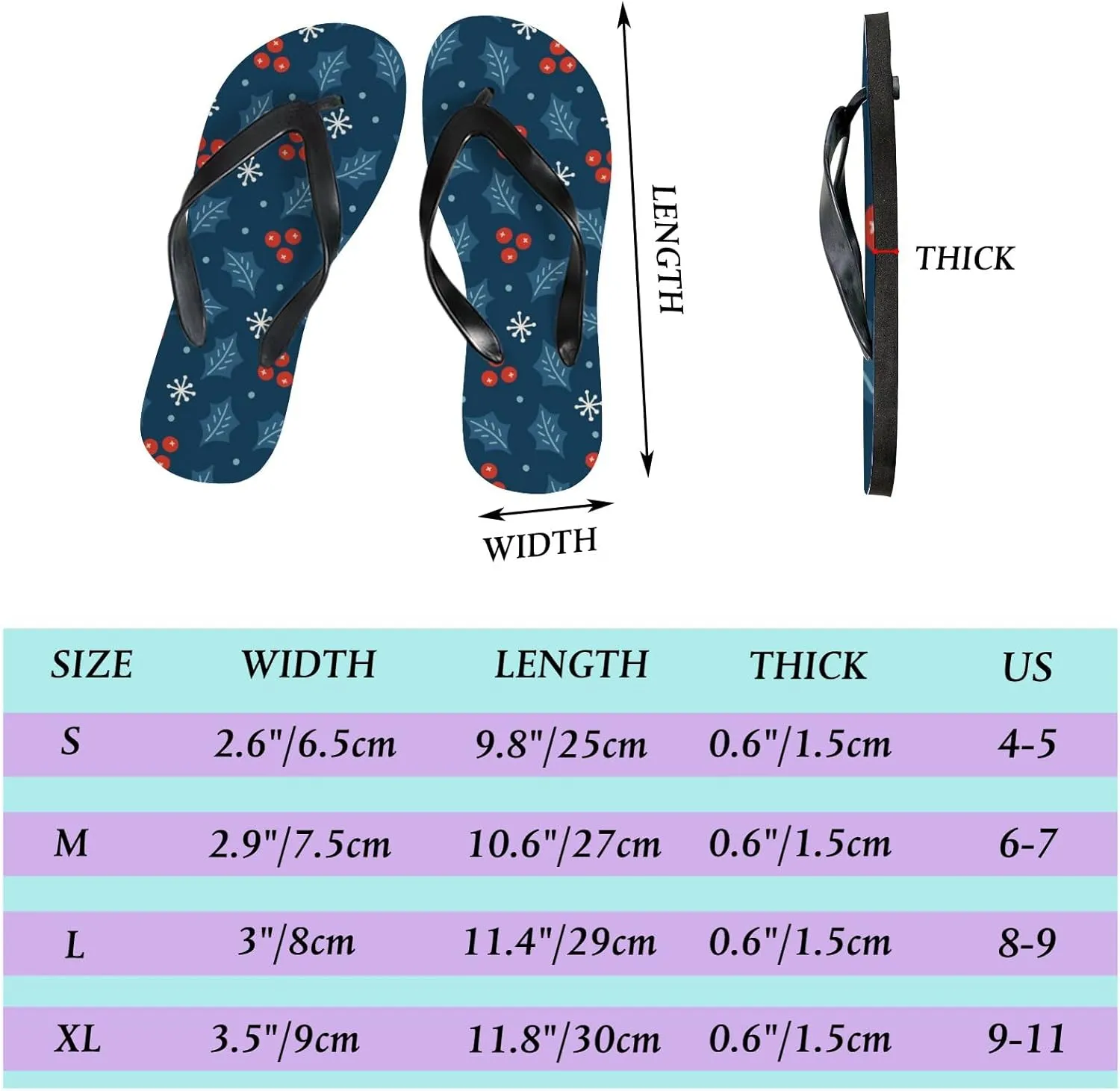 Thong Slippers Flip Flops for Women Holly Berry Leaves Snowflakes Casual Flat Slide Beach Slippers Sandals Shower Shoes