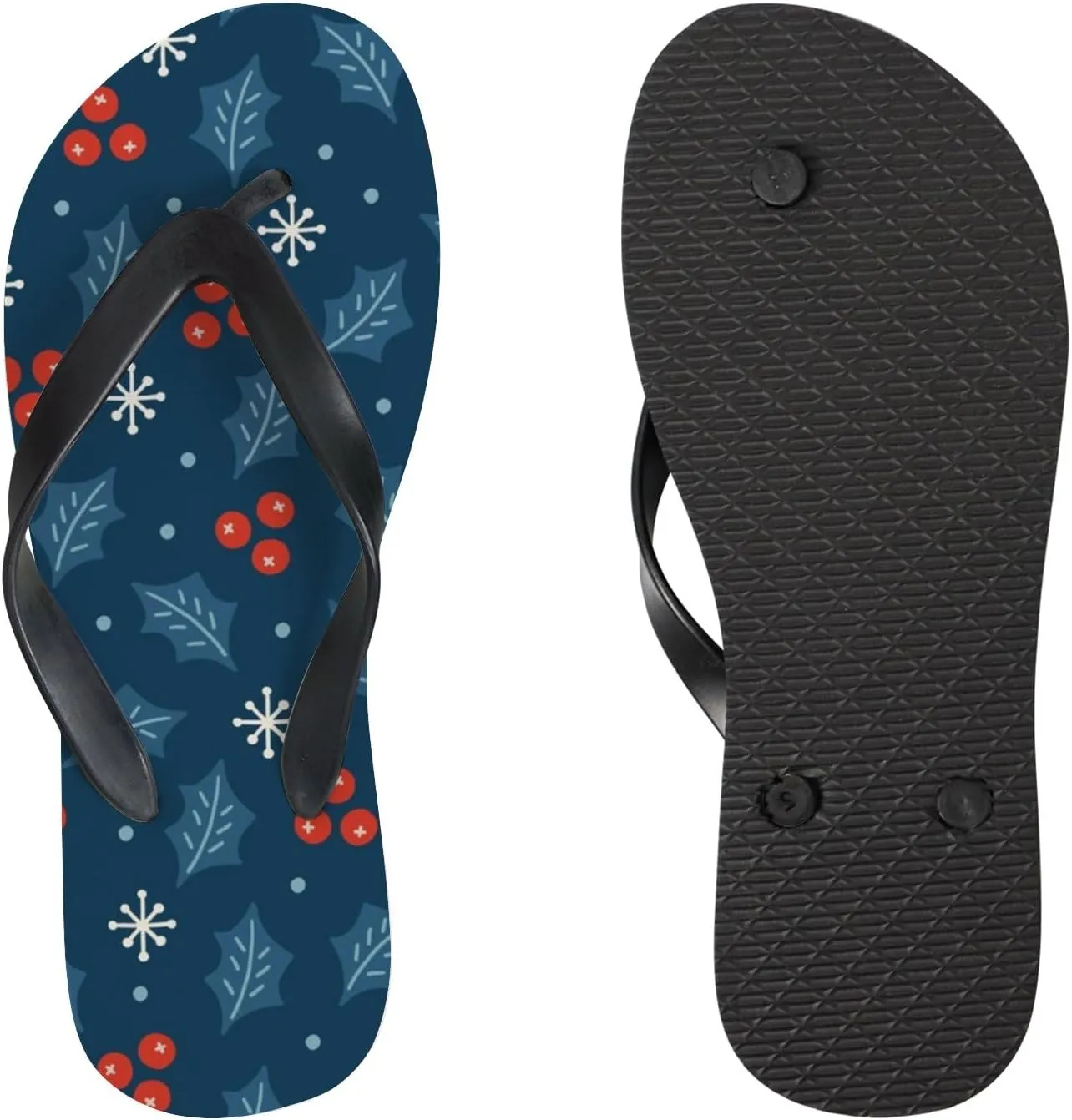 Thong Slippers Flip Flops for Women Holly Berry Leaves Snowflakes Casual Flat Slide Beach Slippers Sandals Shower Shoes